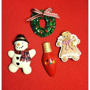 Christmas Pins/ Brooches Set of 4 Christmas Snowman, Wreath, Bulb Light & Ginger